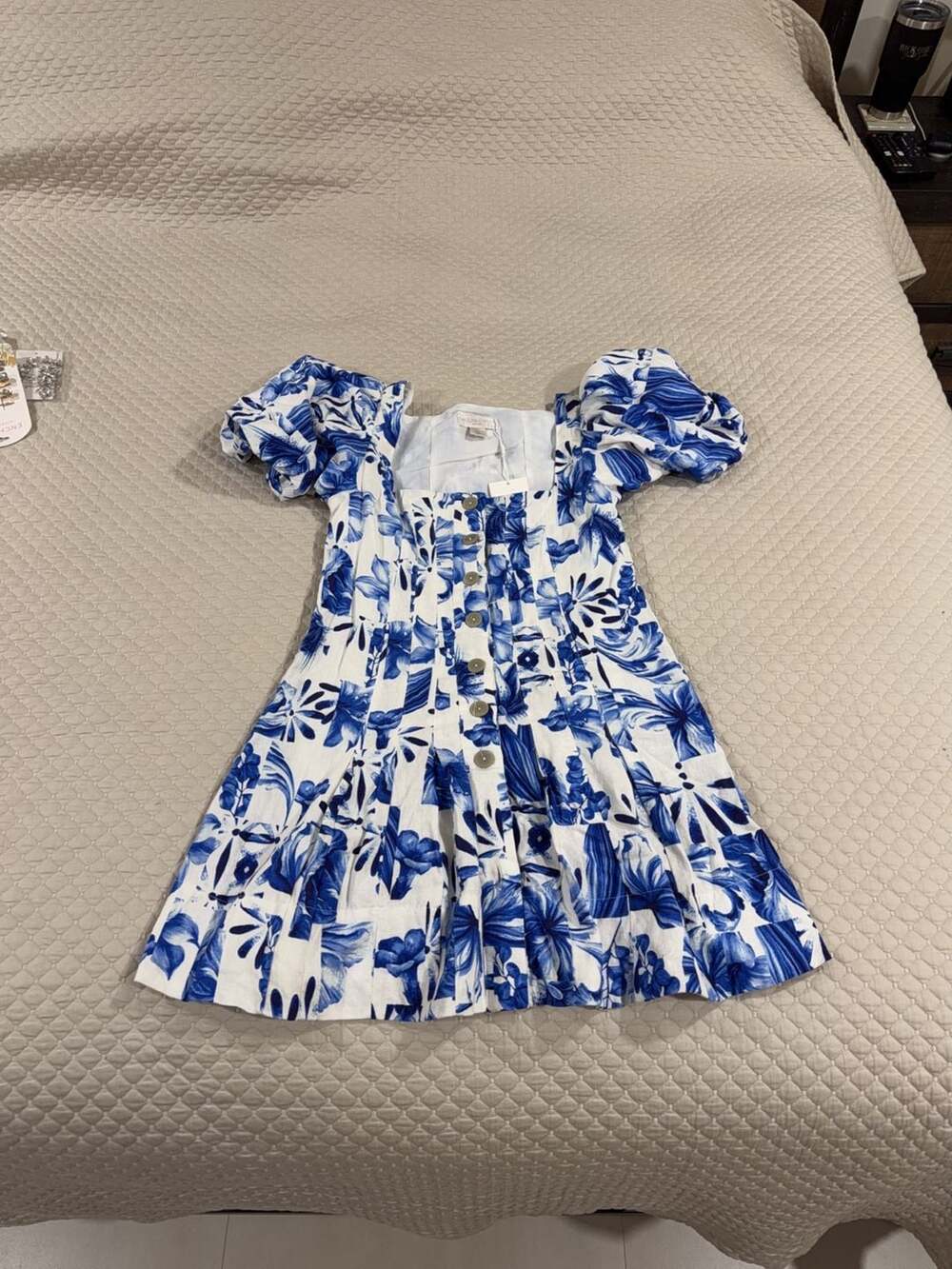 CAROLINE CONSTA New York Fit & Flare Floral Print Mini Dress Bubble Sleeve sz 6